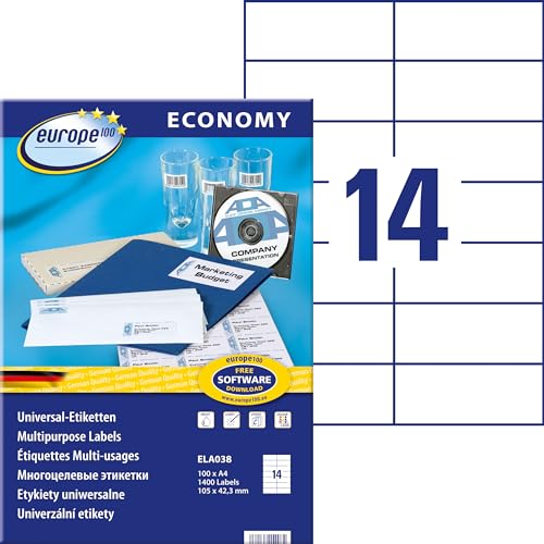 Europe100 Art. ELA038 Adressaufkleber (1.400 Klebeetiketten, 105x42,3mm auf A4, Papier matt, individuell bedruckbar, selbstklebende Adressetiketten, kompatibel zu AVERY 3653) 100 Blatt, weiß von AVERY Zweckform