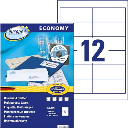 Europe100 Art. ELA039 Adressaufkleber (1.200 Klebeetiketten, 97x42,3mm auf A4, Papier matt, individuell bedruckbar, selbstklebende Adressetiketten, kompatibel zu AVERY 3659) 100 Blatt, weiß von AVERY Zweckform