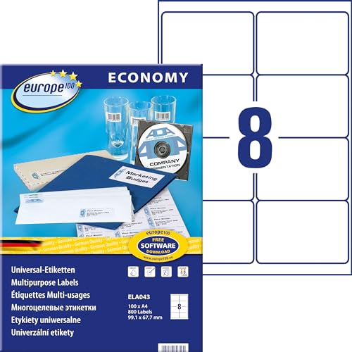 Europe100 Art. ELA043 Universal Etiketten (800 Klebeetiketten, 99,1x67,7mm auf A4, Papier matt, individuell bedruckbare Versandetiketten, selbstklebende Versandaufkleber) 100 Blatt, weiß von AVERY Zweckform