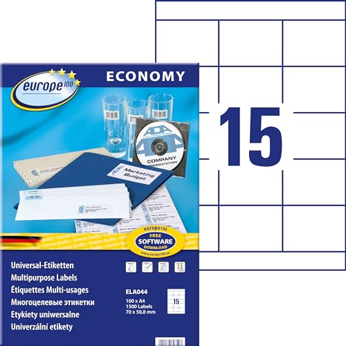 europe100 ELA044 Universal Etiketten (1.500 Klebeetiketten, Format 70x50,8mm auf DIN A4, selbstklebende Absenderaufkleber, bedruckbare Adressetiketten, 3669) 100 Blatt, weiß von AVERY Zweckform