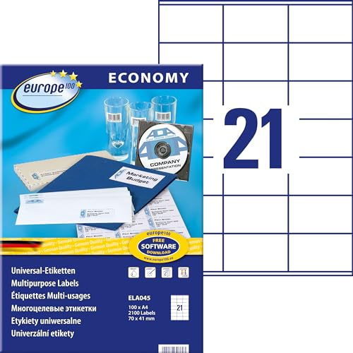 Europe100 Art. ELA045 Adressaufkleber (2.100 Klebeetiketten, 70x41mm auf A4, Papier matt, individuell bedruckbar, selbstklebende Adressetiketten, kompatibel zu AVERY 3481) 100 Blatt, weiß von AVERY Zweckform