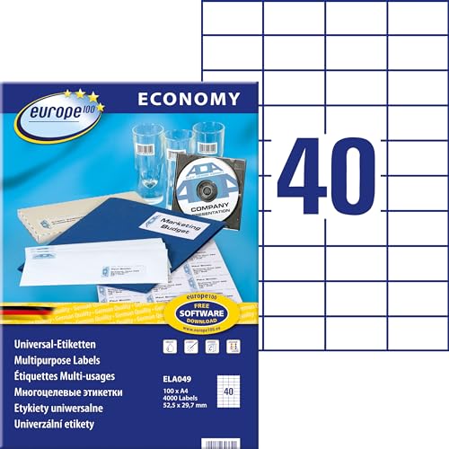 Europe100 Art. ELA049 Universal Etiketten (4.000 Klebeetiketten, 52,5x29,7mm auf A4, Papier matt, individuell bedruckbar, selbstklebende Aufkleber, kompatibel zu AVERY 3651) 100 Blatt, weiß von AVERY Zweckform