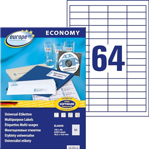 Europe100 Art. ELA050 Universal Etiketten (6.400 Klebeetiketten, 48,5x16,9mm auf A4, Papier matt, individuell bedruckbar, selbstklebende Aufkleber, kompatibel zu AVERY 3667) 100 Blatt, weiß von AVERY Zweckform