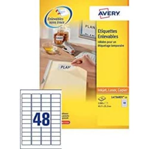 AVERY - Packung mit 25 selbstklebenden und wiederablösbaren Etiketten, anpassbar und bedruckbar, Format 210 x 297 mm, Laser-/Tintenstrahldruck (L4735REV-25) von AVERY