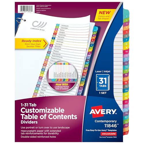 AVERY 1-31 Registerkarten für 3-Ringbücher, anpassbares Inhaltsverzeichnis, mehrfarbig, 1 Set, 12 Packungen (11846) von AVERY