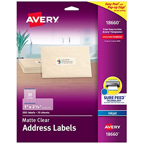 AVERY 18660 Adress-Etiketten für Tintenstrahldrucker, matt, matt, transparent, 300 Etiketten von AVERY