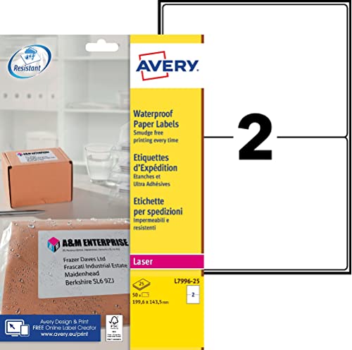 AVERY - 50 x wasserdichte und hochhaftende Laser-Etiketten (199,6 x 143,5 mm), Weiß von Avery