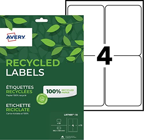 AVERY - Beutel mit 60 Etiketten aus 100% recyceltem Recyclingpapier, personalisierbar, bedruckbar, Format 99,1 x 139 mm, Laser- und Tintenstrahldrucker (LR7169-15) von AVERY