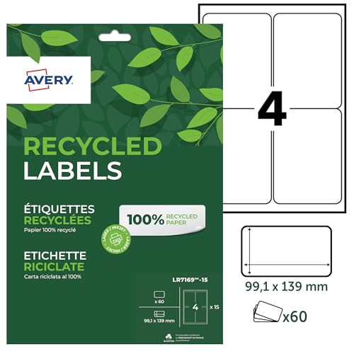 AVERY - Beutel mit 60 Etiketten aus 100% recyceltem Recyclingpapier, personalisierbar, bedruckbar, Format 99,1 x 139 mm, Laser- und Tintenstrahldrucker (LR7169-15) von AVERY