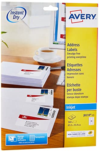 AVERY - 360 selbstklebende Adressetiketten, personalisierbar, bedruckbar, weiß, Format 63,5 x 33,9 mm, Tintenstrahldrucker, (J8159-15) von AVERY