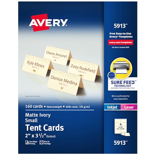 AVERY Bedruckbare kleine Zeltkarten mit Sure Feed Technologie, 5,1 x 8,9 cm, Elfenbein, 160 leere Tischkarten für Laser- oder Tintenstrahldrucker (05913) von AVERY