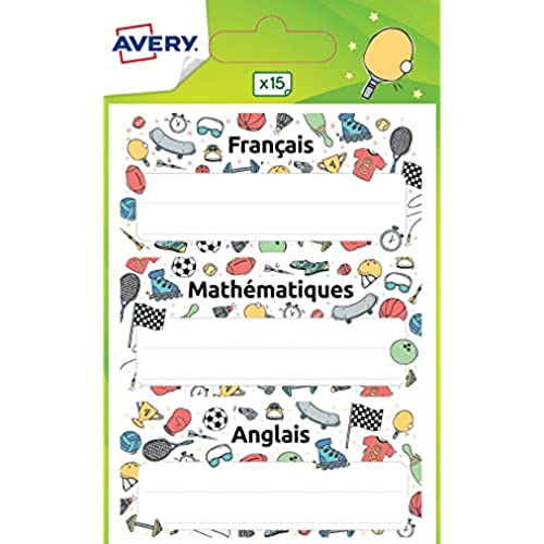 AVERY - Beutel mit 15 Etiketten für Schulmaterialien, Sportdesign, mit Materialien, College, Format 7,6 x 3,4 cm, mehrfarbig von AVERY
