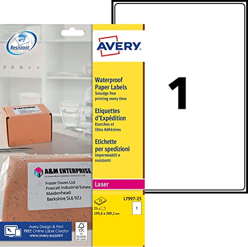 AVERY - Beutel mit 25 versiegelten und hochhaftenden Laser-Etiketten, 199,6 x 289,1 mm, Weiß von AVERY