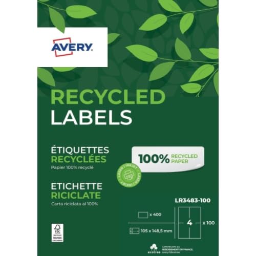 AVERY - Beutel mit 400 Etiketten aus 100% recyceltem Recyclingpapier, selbstklebend, personalisierbar, bedruckbar, Format 105 x 148,5 mm, Laser- und Tintenstrahldrucker, (LR3483-100) von AVERY