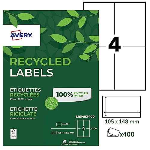 AVERY - Beutel mit 400 Etiketten aus 100% recyceltem Recyclingpapier, selbstklebend, personalisierbar, bedruckbar, Format 105 x 148,5 mm, Laser- und Tintenstrahldrucker, (LR3483-100) von Avery