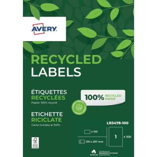 AVERY - Box mit 100 Etiketten, 100% recycelt, selbstklebend, personalisierbar, bedruckbar, Format 210 x 297 mm, scharfe Ecken, Laser- und Tintenstrahldruck (LR3478-100) von AVERY