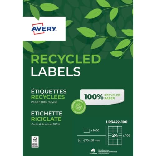 AVERY - Box mit 2400 Etiketten, 100% recycelt, selbstklebend, personalisierbar, bedruckbar, Format 70 x 35 mm, scharfe Ecken, Laser- und Tintenstrahldruck (LR3422-100) von AVERY