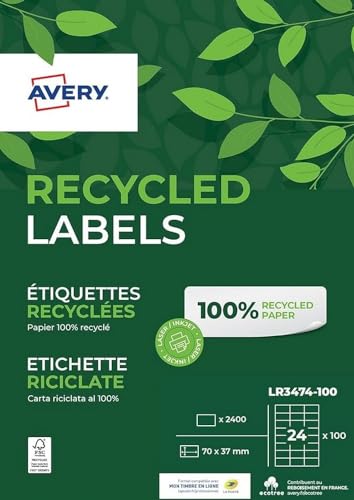 AVERY - Box mit 2400 Etiketten, 100% recycelt, selbstklebend, personalisierbar, bedruckbar, Format 70 x 37 mm, scharfe Ecken, Laser- und Tintenstrahldruck (LR3474-100) von AVERY