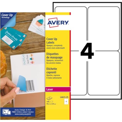 AVERY - Packung mit 100 weißen undurchsichtigen Etiketten zum Abdecken oder Korrigieren 99,1 x 139 mm Tintenstrahl- oder Laserdrucker (L4615-25) von AVERY