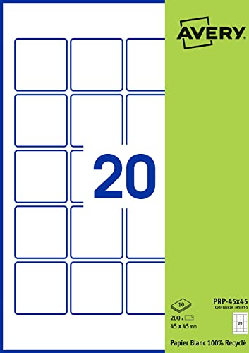 AVERY - Packung mit 200 selbstklebenden Etiketten, quadratisch, weißes Recyclingpapier, Format 45 x 45 mm, personalisierbar und bedruckbar mit Laser, Tintenstrahldrucker und Kopierer (PRP-45 x 45. Fr) von Avery
