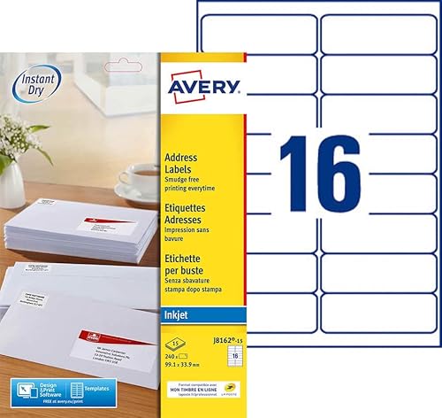 Avery Selbstklebende Etiketten, weiß, 240 Stück, 99,1 x 33,9 mm, J8162-15 – A4-Blatt, Tintenstrahldrucker, kompaktes Format, FSC-Papier, kompatibel mit meinem Online-Stempel von Avery