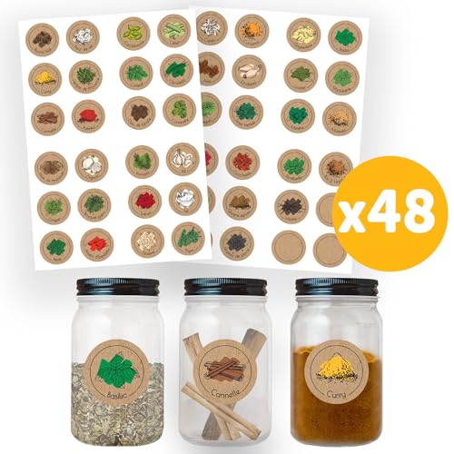 Avery Selbstklebende Etiketten, rund, Ø 35 mm, Kraftpapier, 45 Stück + 3 blanko, gebrauchsfertig, Gewürzetiketten, französisches Kraftpapier, klares Design, feste Haftung, glatte Oberfläche von Avery
