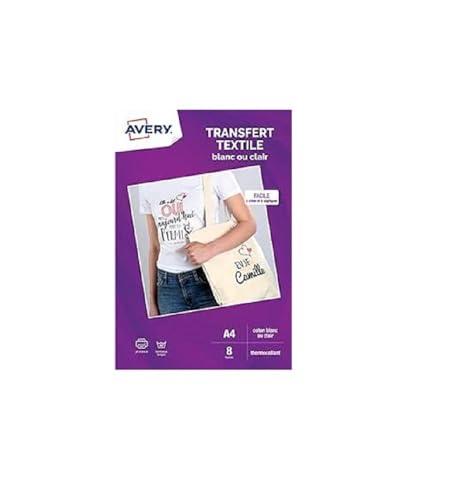 AVERY - Packung mit 8 weißen oder durchsichtigen Transferpapieren für T-Shirts oder Textilien, anpassbar und bedruckbar, A4-Format, Tintenstrahldruck von AVERY