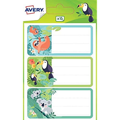 Avery - Beutel mit 15 Schuletiketten mit Faultiermotiven, Tukan, Koala, 76 x 34 mm, weiß mit Linien, selbstklebende Etiketten für Name, Vorname und Materialien, personalisierbarer Aufkleber für die Avery - Beutel mit 15 Schuletiketten mit Faultiermotiven, Tukan, Koala, 76 x 34 mm, weiß mit Linien, selbstklebende Etiketten für Name, Vorname und Materialien, personalisierbarer Aufkleber für die von AVERY