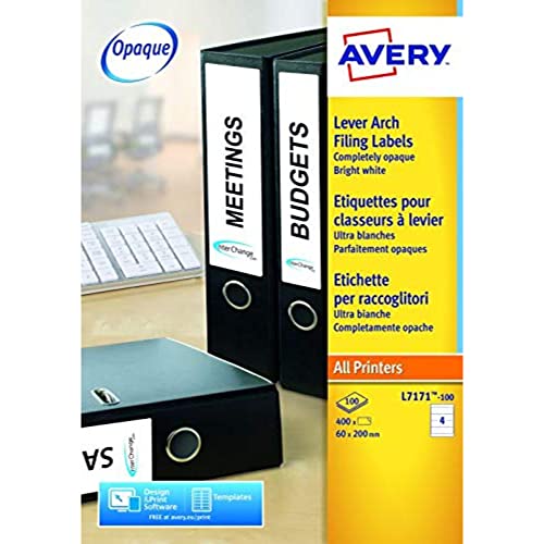 Aktenordner-Etiketten, Laser, 200 x 60 mm, Weiß, 4 Etiketten pro Blatt, 40 Etiketten pro Packung von AVERY