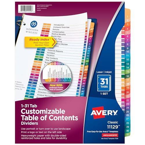 Avery 1-31 Registerkarten für 3 Ringbücher, anpassbares Inhaltsverzeichnis, mehrfarbige Registerkarten, 1 Set (11129) von AVERY