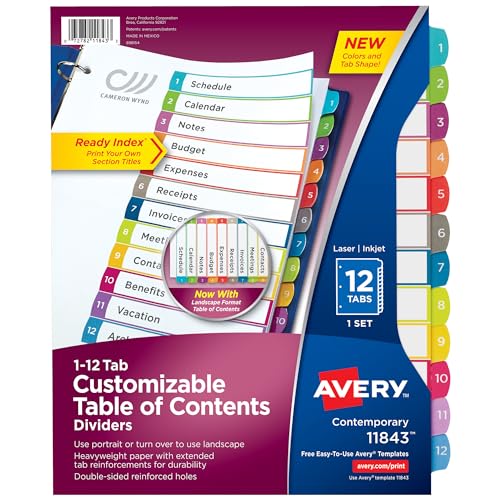 Avery 12 Register für 3 Ringbücher, individualisierbares Inhaltsverzeichnis, mehrfarbige Tabs, 1 Set, 24 Packungen (11843) 1 Set INVALID ASIN mehrfarbig von AVERY