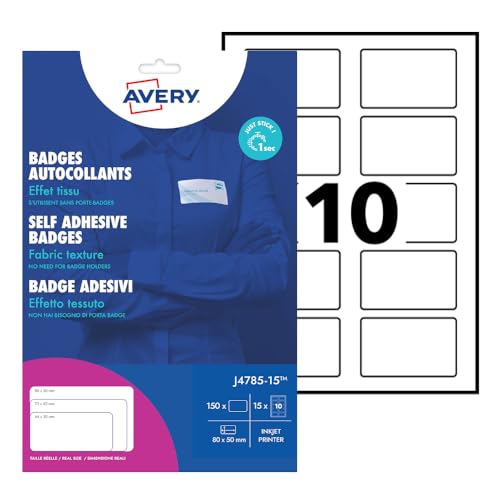 Avery – 150 Namensschilder bedruckbar für Textilien, aus weißem Polyester, Format 80 x 50 mm, Tintenstrahldruck, (J4785-15) von AVERY