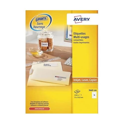 AVERY - 1500 UltraGrip-Etiketten, selbstklebend, personalisierbar, bedruckbar, Format 70 x 50,8 mm, Laserdruck, Tintenstrahldrucker, Kopierer. (3669-100) von Avery