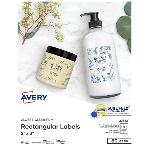 Avery Bedruckbare rechteckige Etiketten, 5,1 x 7,6 cm, glänzend, kristallklar, 80 anpassbare Etiketten (22822) Avery Bedruckbare rechteckige Etiketten, 5,1 x 7,6 cm, glänzend, kristallklar, 80 anpassbare Etiketten (22822) von Avery