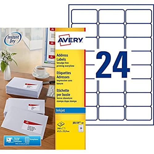 Avery – 240 Briefmarken-Etiketten zum Selberbedrucken, für Tintenstrahldrucker, 63,5 x 33,9 mm, Weiß von AVERY
