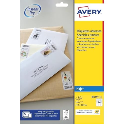 Avery – 240 Briefmarken-Etiketten zum Selberbedrucken, für Tintenstrahldrucker, 63,5 x 33,9 mm, Weiß Avery – 240 Briefmarken-Etiketten zum Selberbedrucken, für Tintenstrahldrucker, 63,5 x 33,9 mm, Weiß von Avery