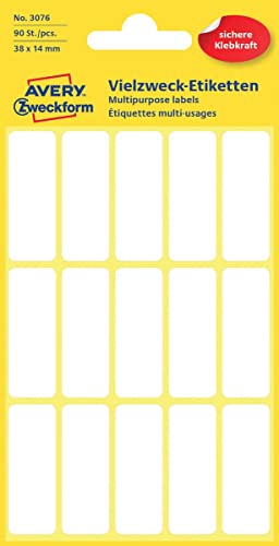 Avery 3076 Abgerundete Abgerundete Rechteck weiß 90Stück – Selbstklebende Etikette (weiß, rechteck, 38 x 14 mm, Papier, 38 x 14, 90 Stück (S)) von Avery