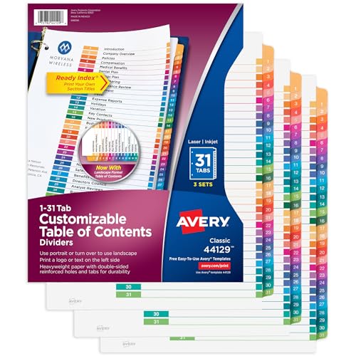 Avery 1-31 Registerkarten für 3 Ringbücher, anpassbares Inhaltsverzeichnis, mehrfarbige Registerkarten, 3 Sets (44129) von AVERY