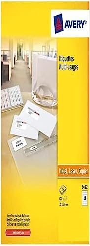 Avery 3422–100 Weiß Multi Etiketten für Laser Tintenstrahldrucker und Kopierer 70 x 35 mm Box 2.400 Etiketten von AVERY