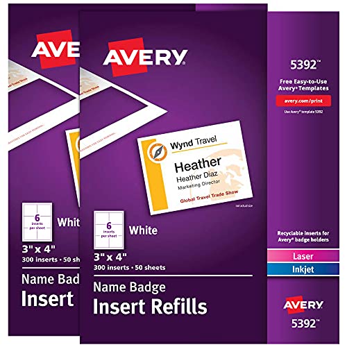 Avery 35392 Namensschild-Einlagen, 7,6 x 10,2 cm, zum Drucken oder Schreiben, für Laser/Tintenstrahldrucker, 2 Stück, 300 Einsätze pro Packung, insgesamt 600 Ausweise von AVERY