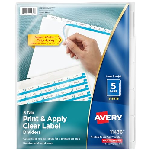 Avery 5 Registerkarten für 3-Ringbuch, einfaches Drucken und Auftragen, transparenter Etikettenstreifen, Indexmacher, anpassbare weiße Register, 5 Sets (11436) von AVERY