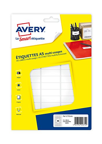Avery 720 Etiketten Mehrzweck (45 Pro Blatt) – 13 x 38 mm – Brett A5 (ete045) von Avery