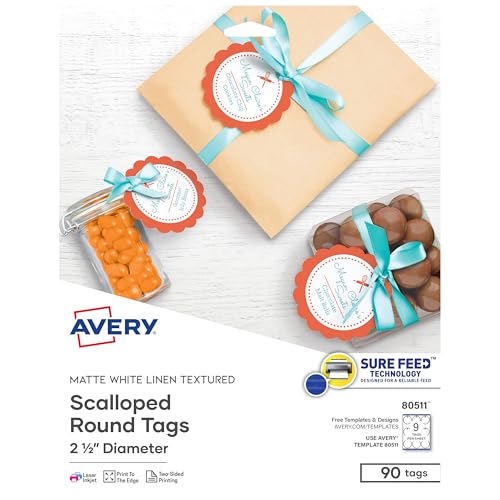 Avery 80511 Papieranhänger, rund, 5,4 cm, ohne Schnur, für Laser/Tintenstrahldrucker, 90 Etiketten pro Packung von AVERY