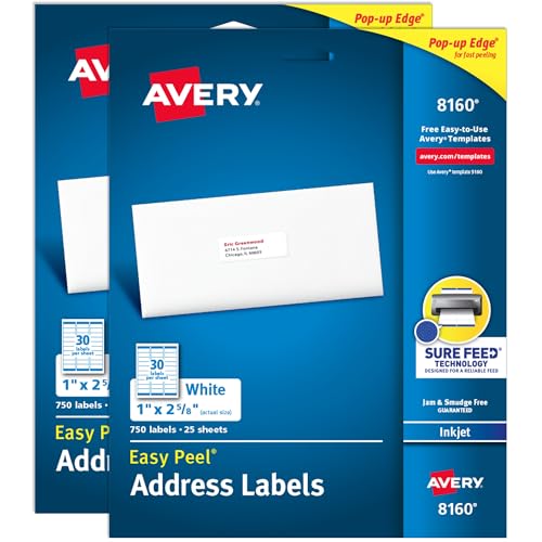 Avery 8160 Easy Peel Adress-Etiketten für Tintenstrahldrucker, 1 x 2 5/8 Zoll, Weiß, 750 Stück (2 Stück) von Avery