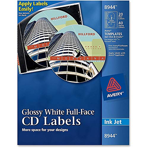 Avery 8944 CD-Etiketten für Tintenstrahldrucker, glänzend, Weiß, 20 Disc-Etiketten und 40 Rückenschilder von AVERY