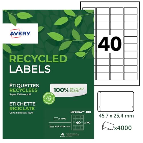 Avery - Avery LR7654-100 Adress-Etiketten, recycelt, weiß, 45,7 x 25,4 mm, 4000 Stück von AVERY