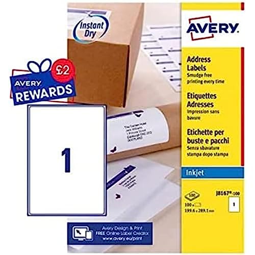 Avery Adressetiketten für Tintenstrahldrucker schnell trocknend 1 Stück pro Blatt 199,6 x 289,1 mm 100 Etiketten weiß von Avery