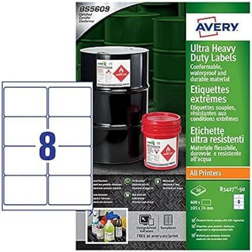Avery B3427–50 A4 Ultra robuste Wasserdicht GHS Etiketten, bs5609 zertifiziert, für alle Drucker, 105 x 74 mm, weiß von Avery