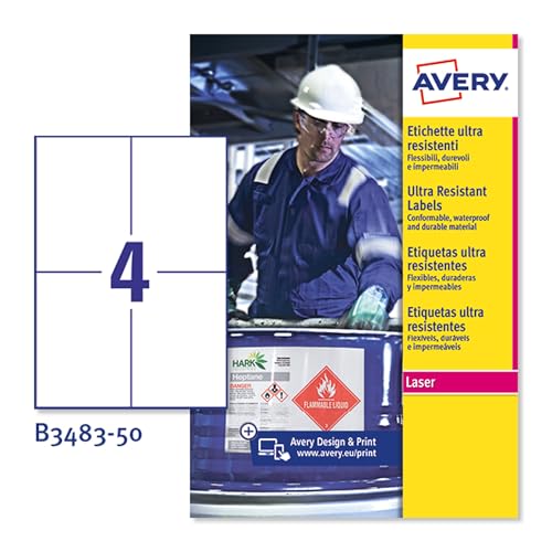 Avery B3483–50 A4 Ultra robuste Wasserdicht GHS Etiketten, bs5609 zertifiziert, für alle Drucker, 105 x 148 mm, weiß Avery B3483–50 A4 Ultra robuste Wasserdicht GHS Etiketten, bs5609 zertifiziert, für alle Drucker, 105 x 148 mm, weiß von Avery