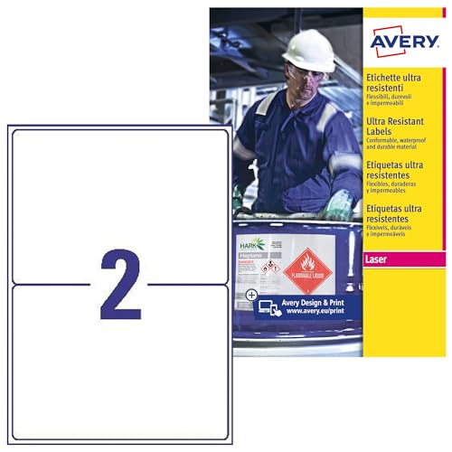 Avery B3655–50 A4 Ultra robuste Wasserdicht GHS Etiketten, bs5609 zertifiziert, für alle Drucker, 148 x 210 mm, weiß von Avery